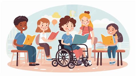 Ilustración de niños diversos asistiendo a una escuela inclusiva