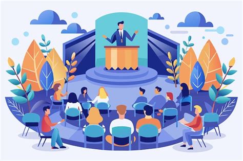 Ilustración de un grupo de personas escuchando atentamente a un orador en un entorno de apoyo.
