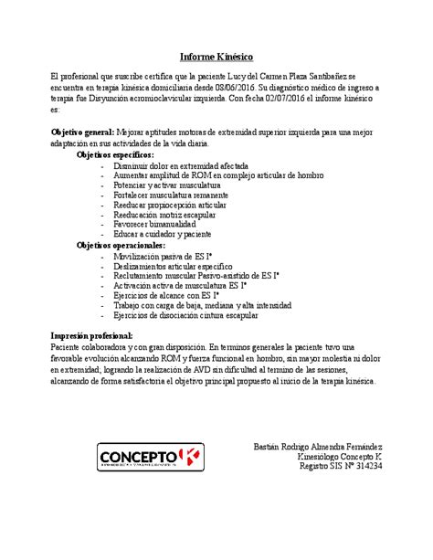 Esquema de estructura de un informe kinésico: Datos, Anamnesis, Valoración, Tratamiento, Evolución y Recomendaciones