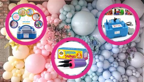 Foto de diferentes tipos de infladores de globos: manual, eléctrico, de pie.