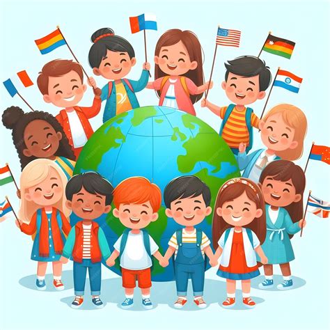 Ilustración de niños de diferentes nacionalidades interactuando en un aula