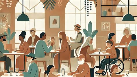 Ejemplo de un comedor inclusivo en una residencia de larga estadía, con mesas a diferentes alturas.