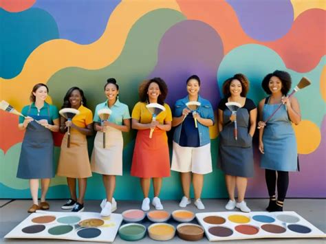 Representación de artistas creando y espectadores interactuando con las obras