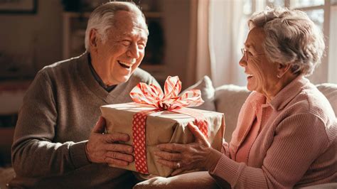 Foto de abuelos recibiendo un regalo con una sonrisa