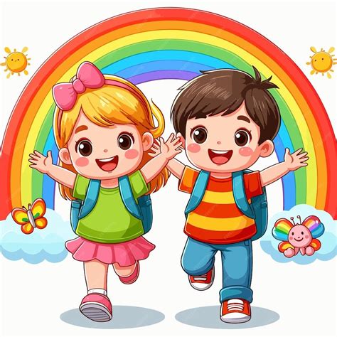 Ilustración: Niños felices en pre-kinder con ropa cómoda y delantales identificados
