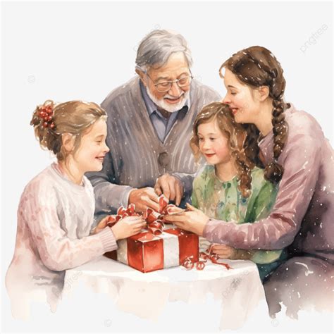 Ilustración de una familia multigeneracional intercambiando regalos