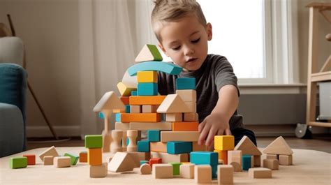 Niño jugando con bloques de construcción y juguetes en un entorno de aprendizaje.