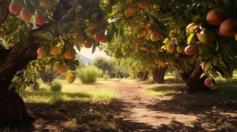 Imagen de un huerto con árboles frutales y adultos mayores recolectando frutas.