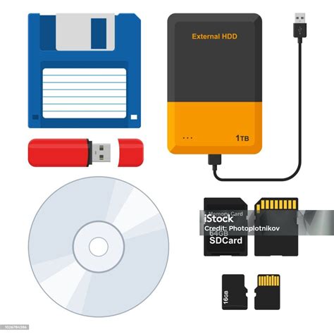 Ilustración de varios medios de almacenamiento: disquete, CD, DVD, tarjeta SD
