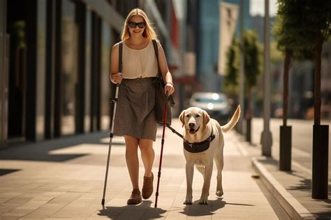 Perro guía asistiendo a una persona con discapacidad visual en un entorno urbano, navegando por una calle concurrida