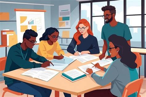 Ilustración de estudiantes de diseño gráfico colaborando con emprendedores, revisando logotipos o estrategias de marca