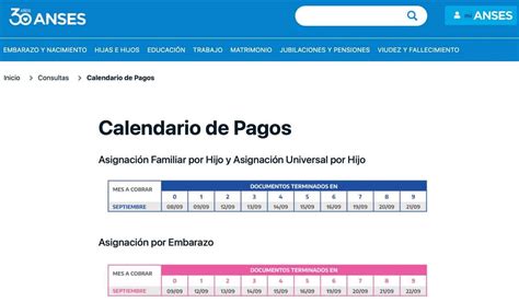 Captura de pantalla del sitio web oficial de ANSeS mostrando el calendario de pagos