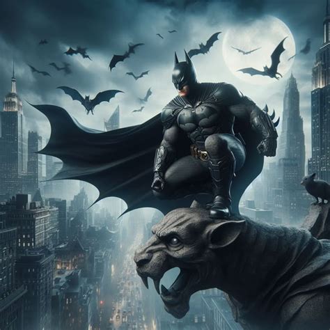 Batman posando sobre un rascacielos de Gotham
