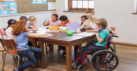 Foto de niños en un aula inclusiva, interactuando y aprendiendo juntos