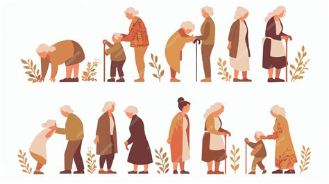 Esquema de las etapas del envejecimiento humano o foto de personas mayores realizando actividades cotidianas