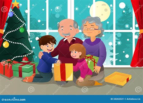Ilustración de una familia entregando regalos a sus abuelos en Navidad.