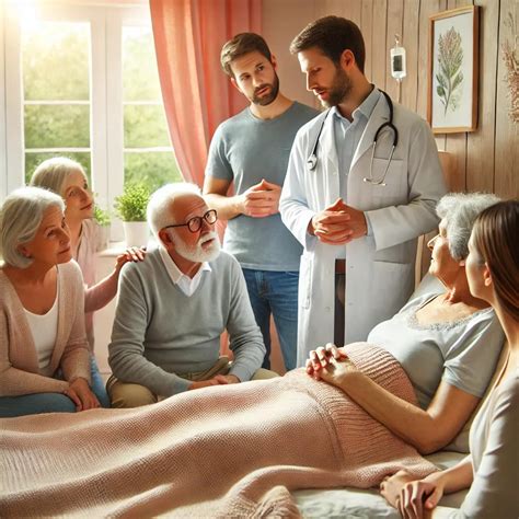 Equipo multidisciplinario brindando cuidados paliativos a un paciente y su familia