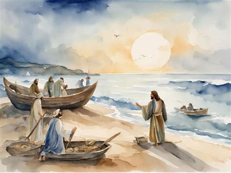 Ilustración de Jesús llamando a Juan y Santiago mientras reparan las redes